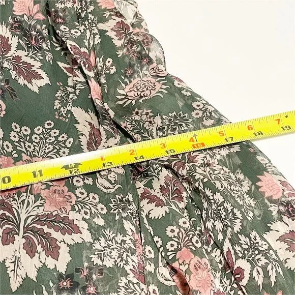 Anthropologie Let Me Be Green Pink Floral V Neck Ruffle Hem Swing Mini Dress S - Picture 11 of 12